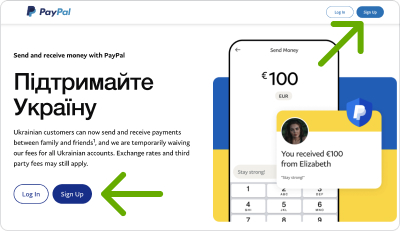 Зайдіть на сайт <a href="https://www.paypal.com/ua/home" target="_blank" rel="nofollow">PayPal</a> і натисніть Sign up у правому верхньому куті.
