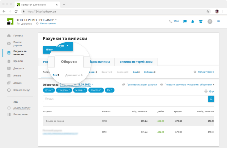 У вкладці <b>«Обороти»</b> можна переглянути рух коштів за дебетом та кредитом за всіма рахунками (у гривні та у валюті) за вибраний період.
