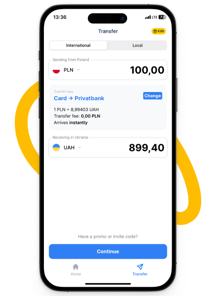 Select the ‘International’ transfer method, indicate the amount and currency to be transferred, and the currency of the payee's account.