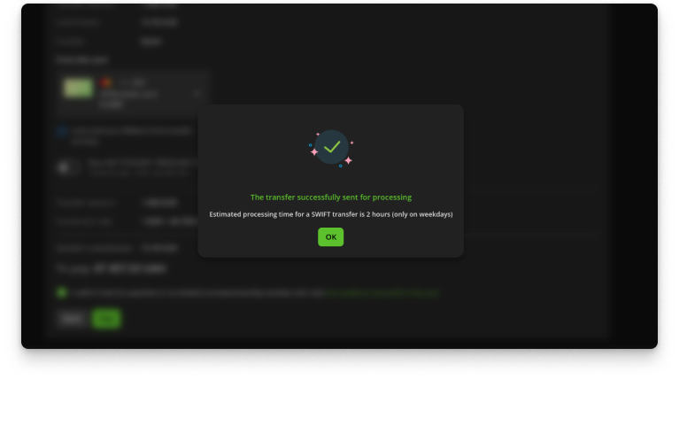 Confirm the SWIFT transfer and wait for processing.