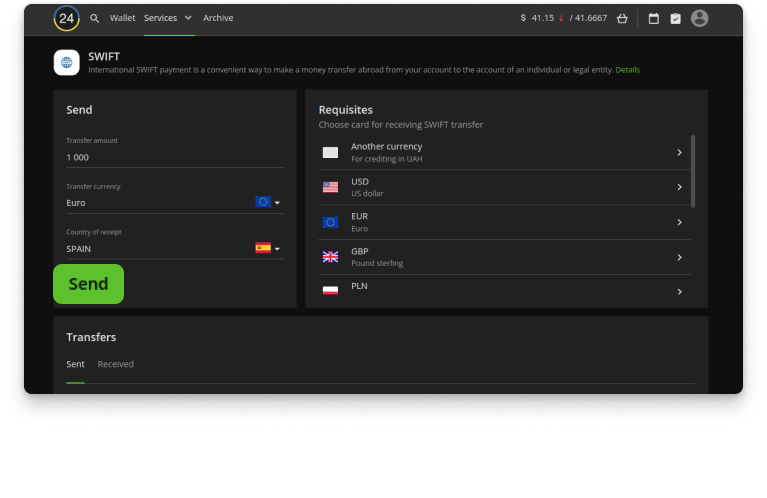 Select the receiving country, currency and amount of the transfer and click “Send”.