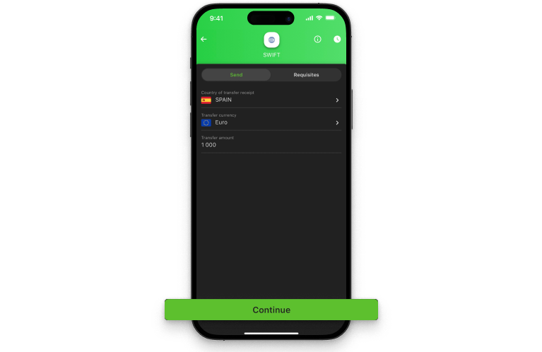 Select the receiving country, currency and transfer amount and click “Continue”.