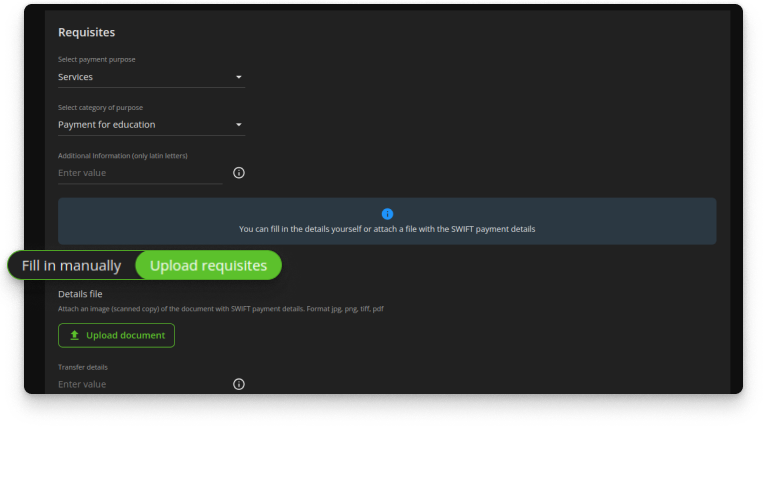 Fill in the details manually or upload a file with them.