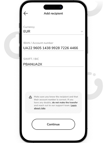 Enter the card number or account number in IBAN format and check whether the "PrivatMoney" option is selected in the transfer type section.