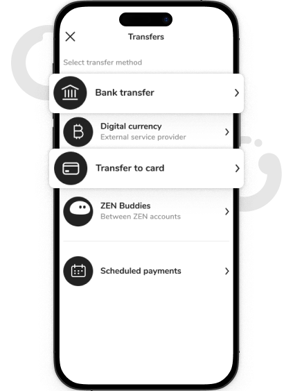 Select "Transfer - Transfer to a card" (to send to a card number) or "Bank transfer" (to send to an account in IBAN format).