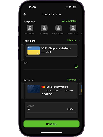 In the “From card” section, select the Revolut card, enter the CVV code, amount, and select the card to which the funds will be credited.