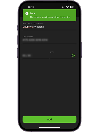 Your request to add the card has been submitted for processing. The card will be available in your wallet within 5 minutes.