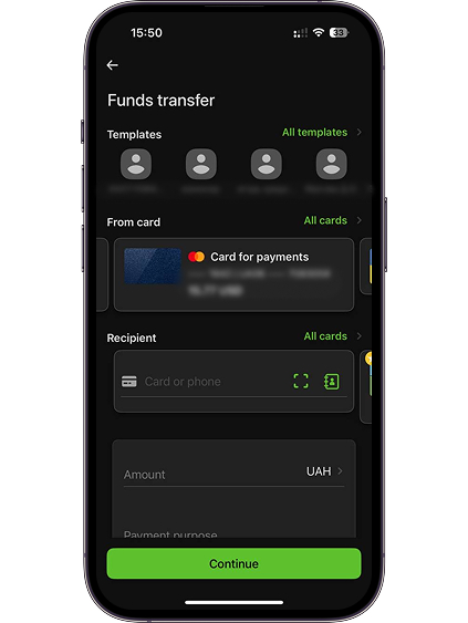 Select the PrivatBank foreign currency card you want to use for the transfer.