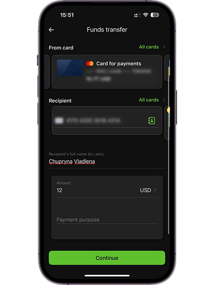 Enter the recipient's details and indicate the transfer amount, Revolut card number, and the recipient's full name in Latin letters. Click the “Continue” button.