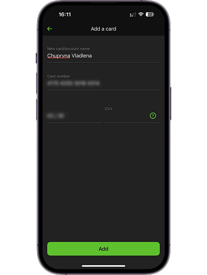 Fill in the card details (card number, expiration date, CVV) and click the “Add” button.