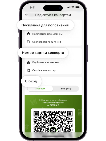 <p>  Виберіть зручний спосіб для поповнення третіми особами:	<br/>  • Посилання для поповнення <br/>  • Номер картки Конверта<br/>  • QR-код </p>