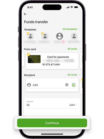 Indicate the transfer amount and purpose (if needed) and click “Continue”.