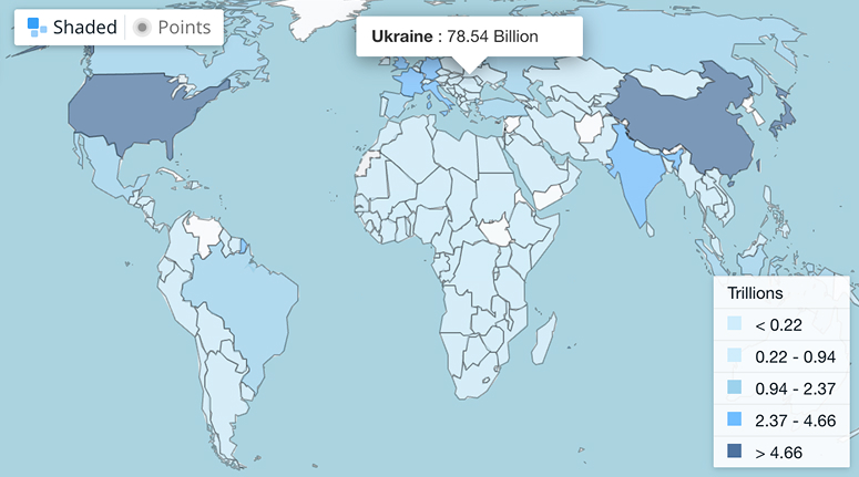 Географічна карта ВВП за 2024 рік, яка ілюструє розмір ВВП по країнах