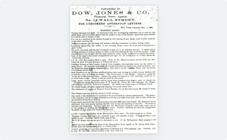 відсканована фотографія першого екземпляра фінансового огляду компанії Dow, Jones & Co.
