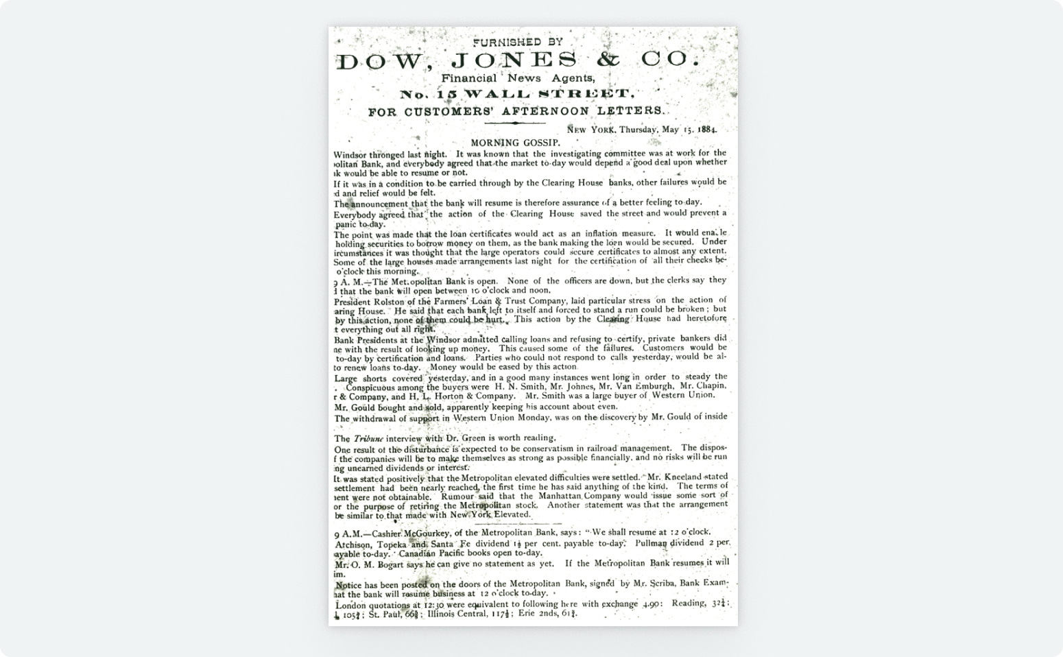 відсканована фотографія першої шпальти першого номера газети The Wall Street Journal від 8 липня 1889 року. Шпальта має 4 колонки з текстом.