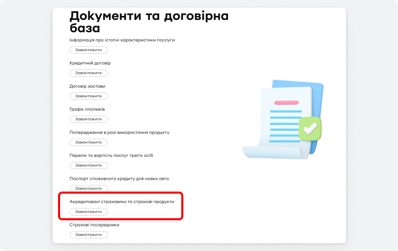 Скриншот зі сторінки «Авто в кредит» на сайті ПриватБанку, що демонструє блок сторінки з переліком усіх документів за кредитом, на якому є розділ «Акредитовані страховики та страхові продукти».