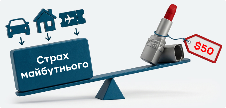  Ілюстрація принципу індексу помади як гойдалки. З одного боку страх майбутнього і небежання витрачати великі кошти на авто чи подорож, з іншого – покупка помади за 50 доларів.