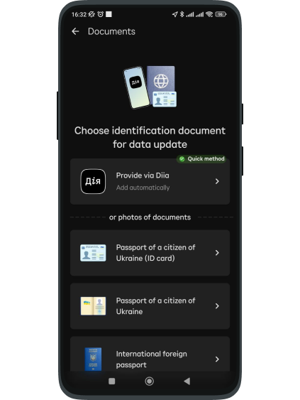 Select an ID document to update your data (you can upload it via the Diia app or choose from the list to proceed to the next step).